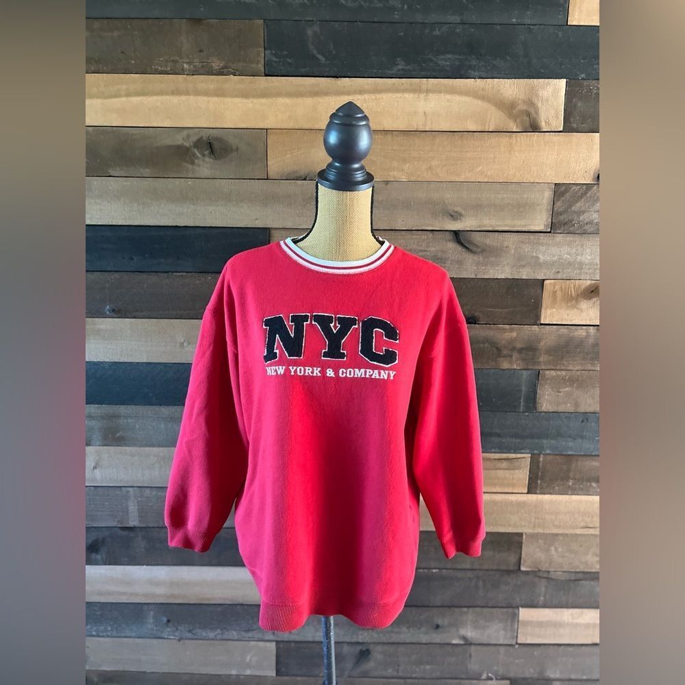 Y2K New York & Company Red Embroidered Varsity Style Crewneck Sweater - Picture 5 of 13